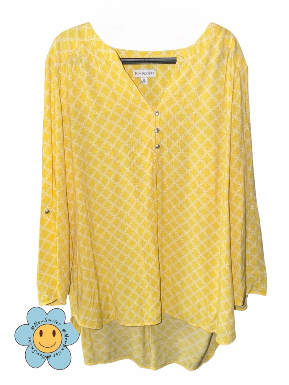 Kim Rogers ~ Yellow Top ~ Geometric Pattern ~ Henley V-Neck ~ High-Low Hem